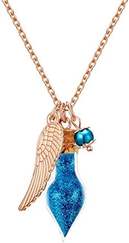 Lucky Charm Women's Necklace with Angel Wings Pendant Rose Gold-Plated and Vial with Fairy Dust Dark Blue Glitter Night Glow in the Dark Blue Amulet with Glitter Dust Talisman for Women and Girls