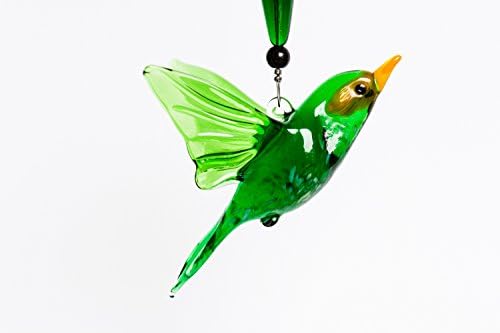 8" Hanging Collectible Murano Glass Green Songbird Ornament with Crystal and Obsidian Beading
