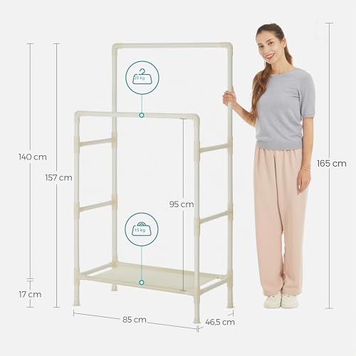 SONGMICS Donkey Clothing, Metal Donkey Coat Rack with 2 Hanging Bars, with a Storage Shelf, Load Capacity 55 kg, Easy Assembly, White RDR01WT