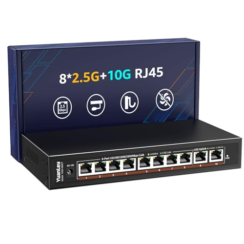 10 Port Unmanaged 10G Ethernet Switch, 8 x 2.5G Base-T Ports, 2 x 10Gb RJ45 Ports, Compatible with 100/1000/2500Mbps, Metal Enclosure, YuanLey Network Switch 2.5G/10G for NAS
