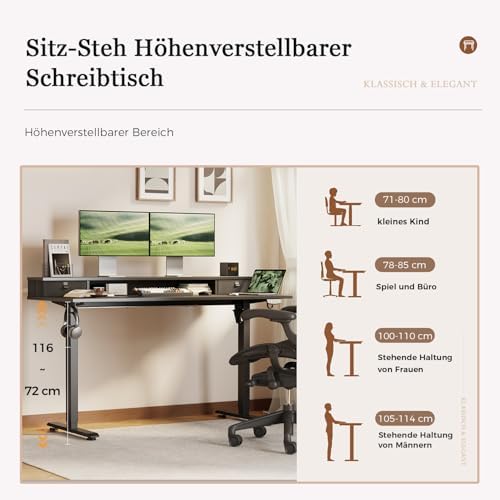 Höhenverstellbarer Schreibtisch mit 2 Schubladen