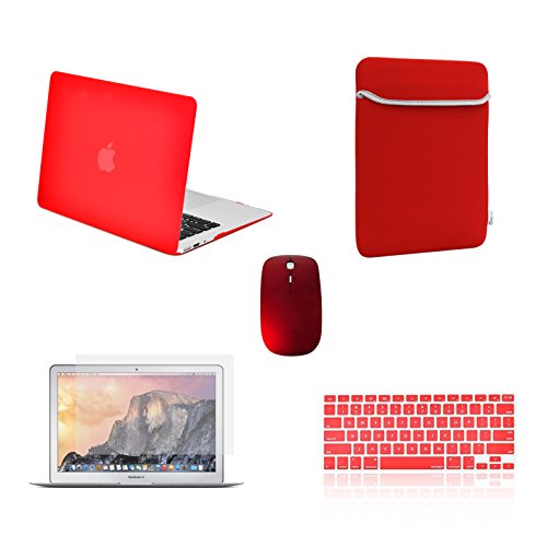 TOP CASE - 5 in 1 Bundle Deal Ultra Slim Light Weight Rubberized Hard Case, Keyboard Cover, Screen Protector, Sleeve Bag and Mouse Compatible with Apple MacBook Air 13" A1369 & A1466 - Red