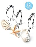 Voiinoiu Ocean Decorative Shower Curtain Hooks Rust Proof,Stainless Steel Shower Curtain Rings with 5 Glide Rollers for Bathroom and Shower Set of 12-Hooks (Seashell, Starfish,Conch) (White)