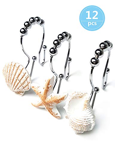 Voiinoiu Ocean Decorative Shower Curtain Hooks Rust Proof,Stainless Steel Shower Curtain Rings with 5 Glide Rollers for Bathroom and Shower Set of 12-Hooks (Seashell, Starfish,Conch) (White)