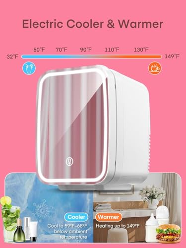 FOHERE Mini Fridge for Bedrooms, 5L/6 Can Portable Skincare Fridge with Dimmable LED Light Mirror, Cooler & Warmer for Food, Drinks and Cosmetic, Small Refrigerator for Home Office