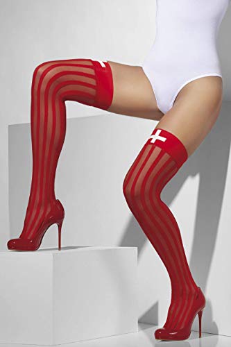Fever Women’s Sheer Hold-Ups with Vertical Stripes, Red with White Cross Print, One Size,5020570427644