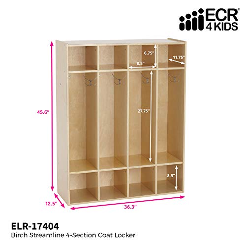 ECR4Kids Birch Streamline Classroom Locker | Hardwood Coat & Backpack Storage for Kids | 4-Section, Standard (46" H)