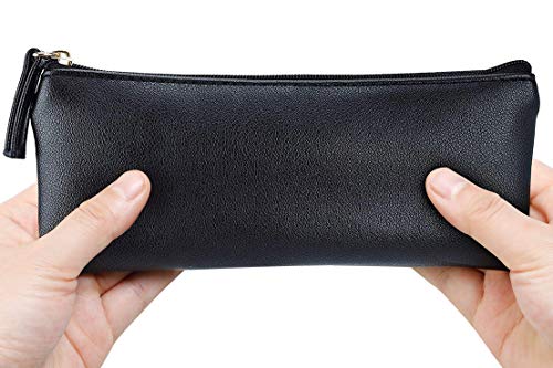 MROCO Pencil Case Black Pencil Bag PU Leather Pen Case Small Zipper Pouch for Pencils, Pens, Markers, Makeups, Change, Coins