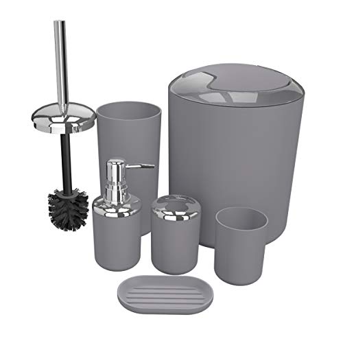 Bathroom Accessories Set 6 Pieces Plastic Bathroom Accessories Toothbrush Holder, Rinse Cup, Soap Dish, Hand Sanitizer Bottle, Waste Bin, Toilet Brush with Holder (Grey)