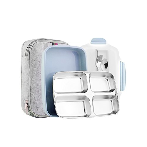 Slim Stainless Steel Square Lunch Box Set - Insulated Leak Proof Lunch Box for Adults and Kids, Non-toxic Tasteless safety, With Insulated Bag And Cutlery - Dishwasher Microwave Safe (Blue)