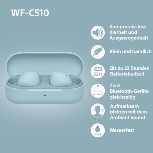 WF-C510 Truly Wireless Kopfhörer - Kleine, leichte Bluetooth In-Ear-Kopfhörer mit Multipoint-Connection, Ambient Sound, IPX4 Rating, Spotify Tap, Quick Charge, 22 HR Akku, iOS & Android - blau