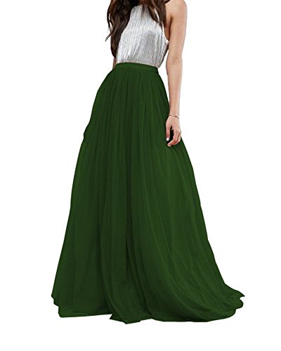 Women Wedding Long Tulle Skirt Dress Bridal Bridesmaids Floor Length High Waisted Maxi Tutu Party Dress (Green, Medium)