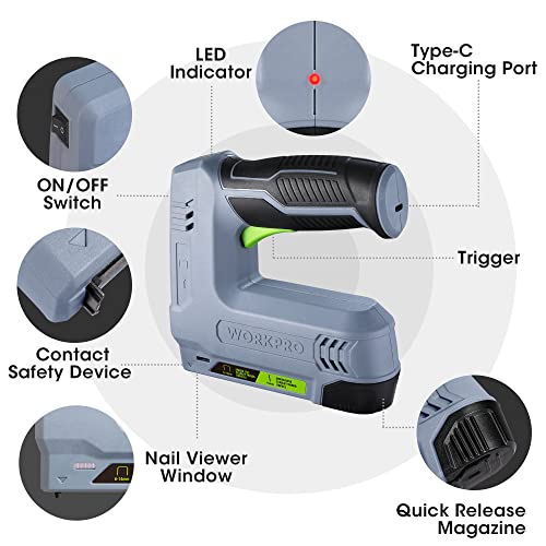 WORKPRO - Cordless Stapler (3.6V, 2000mAh, 2000 Staples, 2 in 1 Multifunction Stapler, Compatible with Type 53 Nails and Staples 8 for DIY Furniture Projects, Woodworking (Grey) | Multifunction Stapler Compatible with Nails and Staples Type 53/8 for DIY, Furniture and Carpentry