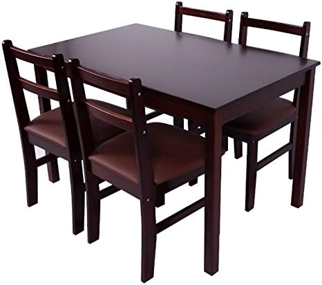 Brown 5 PCS Dining Set With 4 Upholstered PU Leather Cover Cushion Chairs Solid Pine Wood Construction Dinning Room Kitchen Home Decoration Furniture Breakfast Lunch Dinner Restaurant Coffee Shop