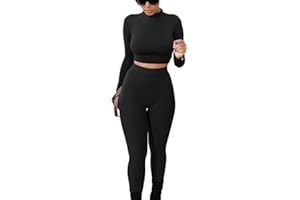 GOKATOSAU Women's Sexy 2 Piece Outfits Long Sleeve Crop Top Pants Set Club Jumpsuits