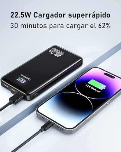 Power Bank 22.5W 20000mAh Fast Charge Bateria Externa, PD3.0 QC4.0 Bateria Portátil, USB C Entrada & Saída Powerbank com Tela LCD Compatível com Smartphones, smartwatches, etc — foto 2 de 6
