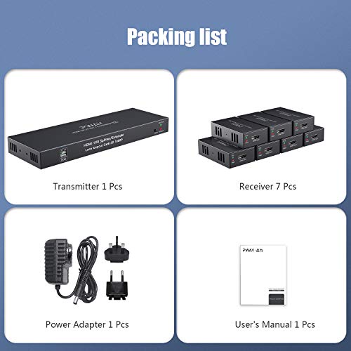 PWAY PW-HTS0107(POC) 1X7 HDMI Extender Splitter Ultra HD 1080P over Cable Support EDID Up to 50m/165ft Cat6 Remote Control (1 in 7 Out)