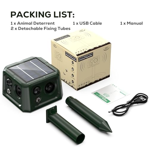 outsweat Outdoor Cat Repellent, 360° Ultrasonic Solar Mole Repellent with Motion Detector and Flashing Light, Waterproof IP66 5 Modes Snake Repellent for Voles Wild Raccoon Rabbit
