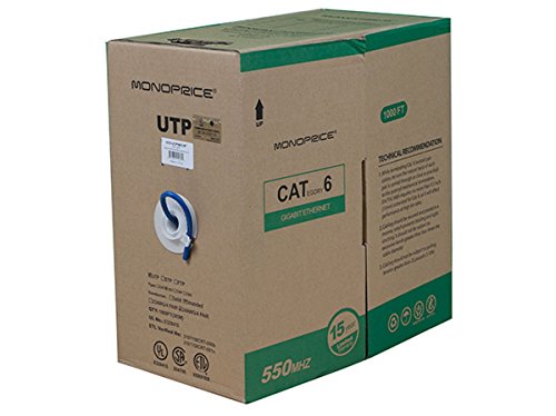 Monoprice 1000FT Cat 6 Bulk Bare Copper Ethernet Network Cable UTP, Stranded, In-Wall Rated, 550MHz, 24AWG - Blue