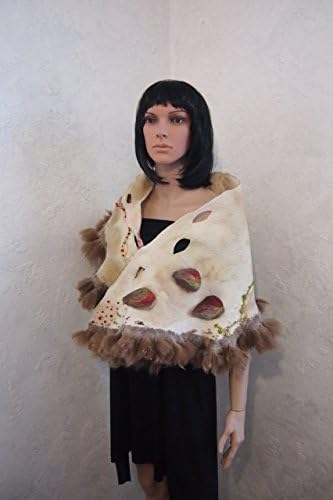 Felted wool scarf-Nuno felted scarf-Real fur scarf-brown-green-Ready to ship
