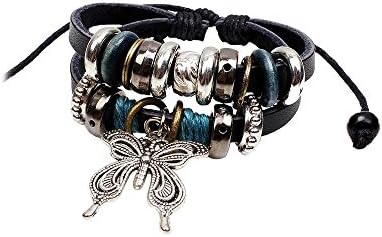 Butterfly Leather Beaded Bracelet Adjustable Retro Multilayer Cuff Style Chain Bangle