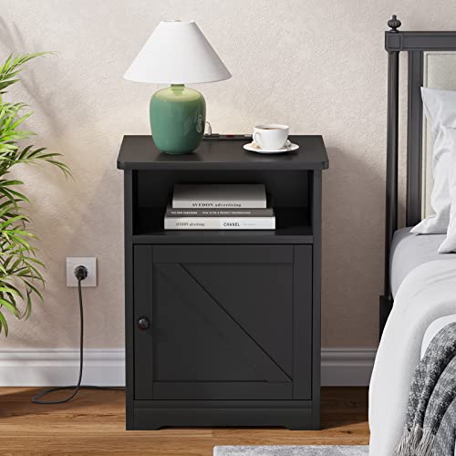 ADORNEVE Nightstand Set of 2 with Charging Station, Black Night Stands