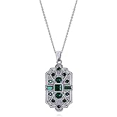 Secret for Longevity Geometric Art Deco Vintage Antique Flapper Gatsby Retro Style Dark Hunter Green Emerald Rhinestone 19" inch Silver Tone Chain Pendant Necklace