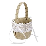 Mintbon Vintage Burlap Flower Girl Basket Rustic Wedding Ceremony Hessian Burlap Lace Flower Girl Basket with Bowknot Flower and Lace Rustic Country Vintage