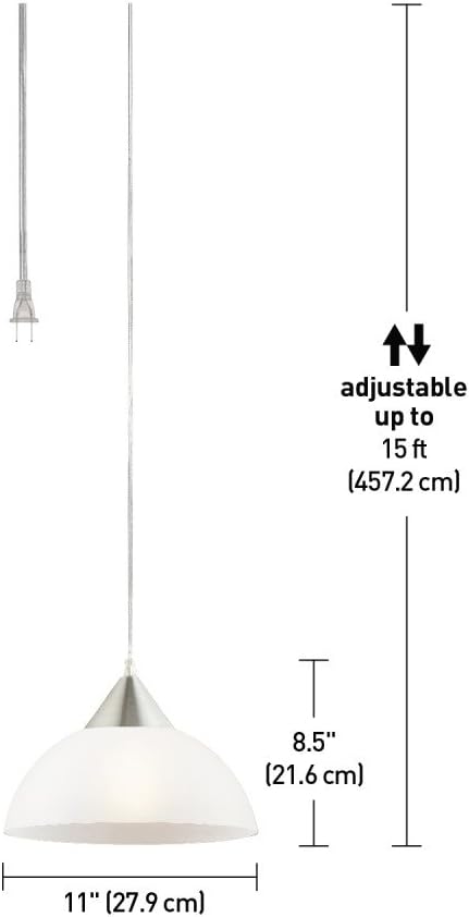Globe Electric Amaris 1-Light Plug-In Pendant, Brushed Steel Finish, Frosted White Shade, 15ft Clear Cord, In-Line On/Off Switch 64413, 8.5" - Ceiling Pendant Fixtures - 