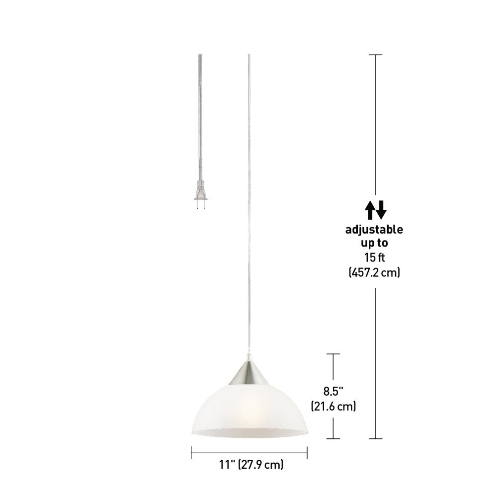 GLOBE Electric 64413 1-Light Plug-in Pendant, Brushed Steel, Frosted White Shade, 15ft Clear Cord, in-Line On/Off Switch, E26 Base Socket, Kitchen Island, Café, Hanging Light, Bulb Not Included