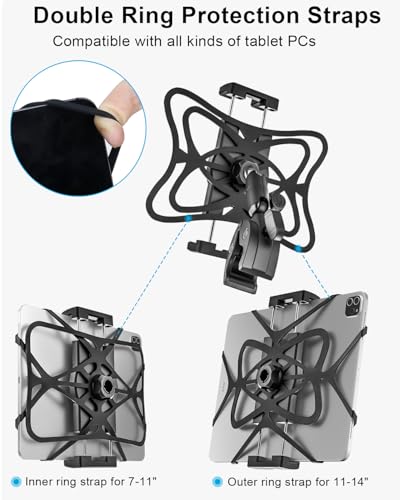 Metal iPad Tablet Mount for Boat Helm, Wheelchair Pole, Golf Cart, Stroller, Mic Stand, Fitness bike, Road Mountain Bicycle - 360° Adjustable Handlebar Clamp for 4.7-13" iPad Pro, Air, Mini, Galaxy