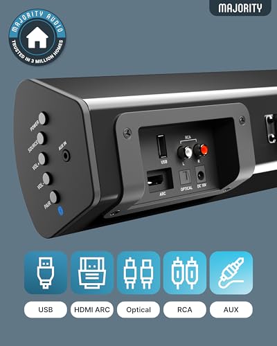 MAJORITY Soundbar with Wireless Subwoofer | 2.1 Channel TV Sound Bar | 180W Home Cinema Speaker System | Bluetooth Audio, HDMI ARC, Optical AUX | Wall Mountable Home Theatre Speakers Teton Plus