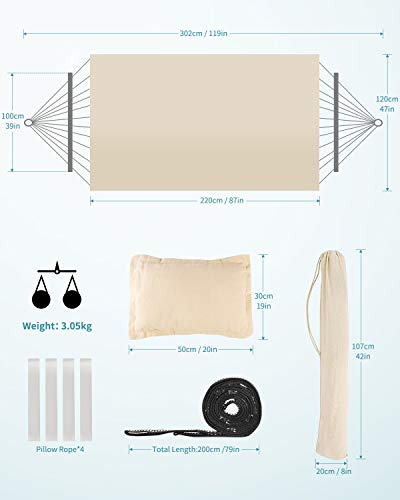 deepee Garden Hängematte aus Baumwolle mit Verlängerungsstangen und 2 Kissen, 220 x 120 cm, Tragkraft 300 kg, Doppelte… – Bild 5