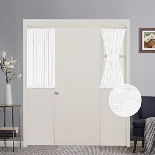 White Patio Door Curtain Panels Energy Saving Easy Care Short French Door Curtains, Side Lights Front Door Curtains - Two Panels 25W by 40L Inches