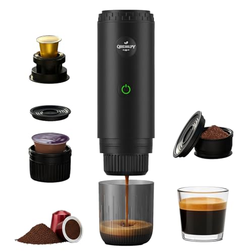QREIHLPY Portable Coffee Maker, 3 in 1 Portable Coffee Maker Compatible with Espresso Capsules and Coffee Powder, Refillable for Travel, Camping, Car, Home