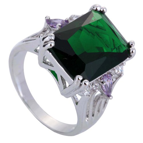 Yaziind Women's Ring Emerald Cut Big Stone Dark Green White Cubic Zirconia CZ US Size 9