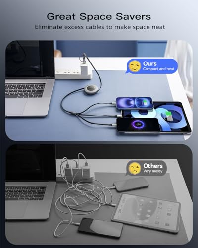 Minlu Multi Tip Charger Cable, 5 in 1 Retractable Multi USB Cable, 1.2 m Fast Charging Cable, Multi Charger Cable with Lightning Micro USB Type C for iPhone, Android, Galaxy Series, Tablet Series