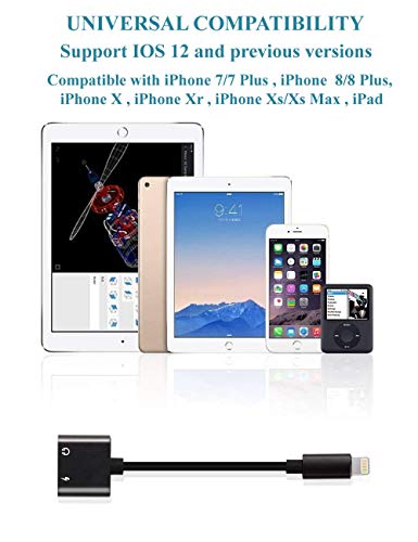 3.5 mm Jack Headphone Adapter for iPhone Xs/Xs Max/XR/ 8/8 Plus / 7/7 Plus for iPhone Dongle Aux 2 in 1 Accessories Splitter Adaptor Charger Cables & Audio Connector Support All iOS Systems - Black