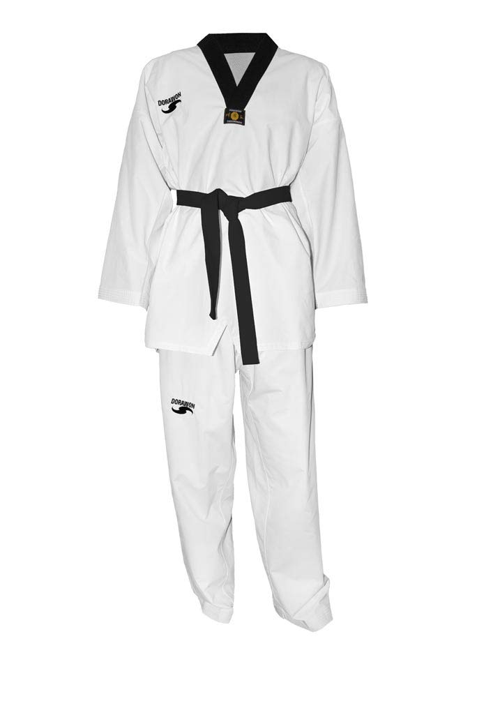 Dorawon Premium Collar Black Taekwondo Uniform Dobok, White, 180 cm