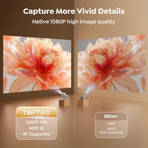 Smart Projector [Built-in Apps/4K Support/2026 Upgraded] with WiFi and Bluetooth, Native 1080P Outdoor Movie Projector, Auto Focus, Dolby Audio, TOPTRO Mini Portable Proyector w/ YouTube/Prime Video