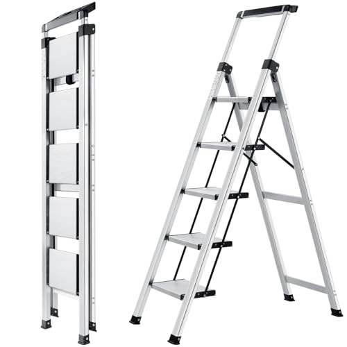 XinSunho Trittleiter 5 Stufen, Aluminiumleiter mit ausziehbarem Handlauf