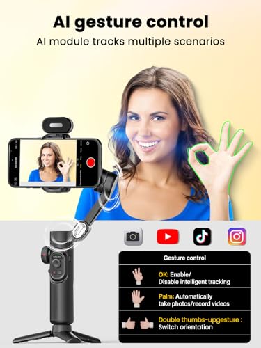 AOCHUAN XE AI Versión, estabilizador de cardán para Smartphone, sin aplicación de Seguimiento de AI, Control de Gestos, cardán de Inicio de 360° con TikTok Youtube, trípode de Mano Plegable de 3 Ejes