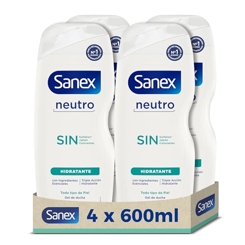 Gel de Ducha Neutro Hidratante (4x600 ml), con ingredientes esenciales, 0% sulfatos*, 0% jabón y 0% colorantes, para todo tipo de piel, hidratación duradera, tecnología triple acción