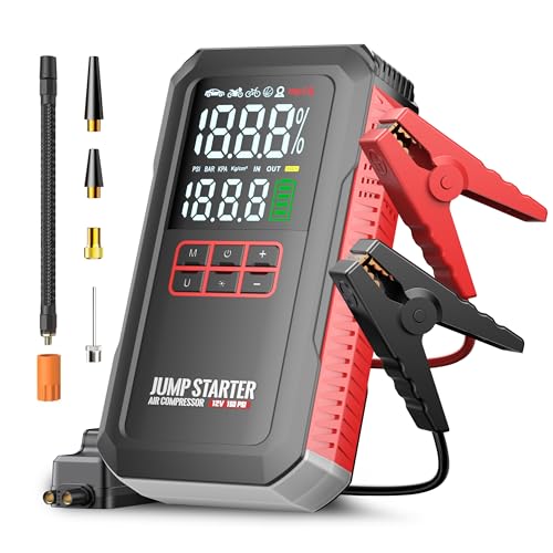 5000A Car Battery Jump Starter with Air Compressor 160PSI, Portable Battery Jumper Starter 7.0L Gas/6.0L Diesel, Jumper Box for Car Battery, Jumper Cables, Power Bank & Light