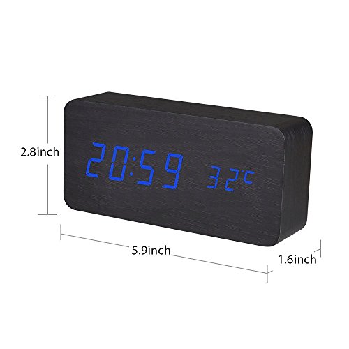 KABB Digital Clock, Wooden Alarm Clock, LED Desk Shelf Clock with Triple Alarms Calender Temperature Display and Voice Control Travel Clock for Office Home Decor (6 Inches)