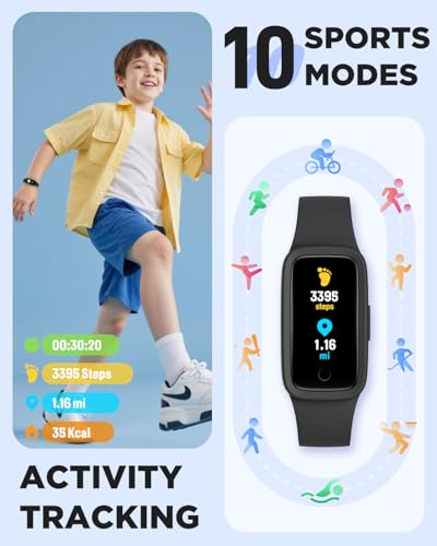 BIGGERFIVE Vigor 3 Kids Fitness Tracker Watch, AMOLED Screen, No App No Phone Needed, 3ATM Waterproof, Heart Rate and Sleep Monitor, Pedometer, Step Counter Smart Watch for Boys Girls Age 5-15, Black