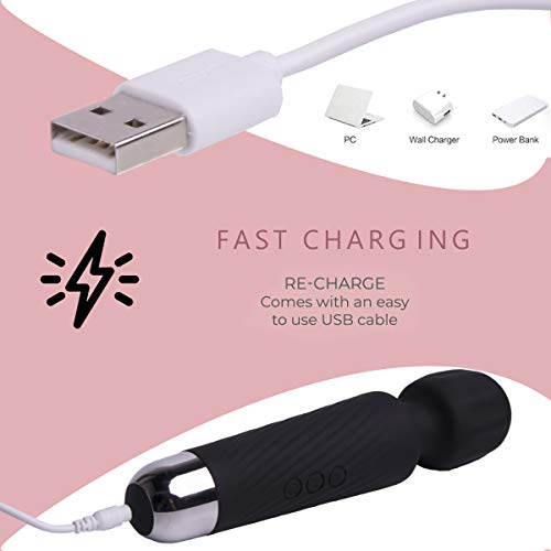 JTTVO Personal Wand Massager for Women - Premium with 8 Speeds 20 Patterns - Cordless Powerful Quiet and Handheld - USB Rechargeable Vibrating Massager for Back and Neck Relief - Black - Thumbnail 5