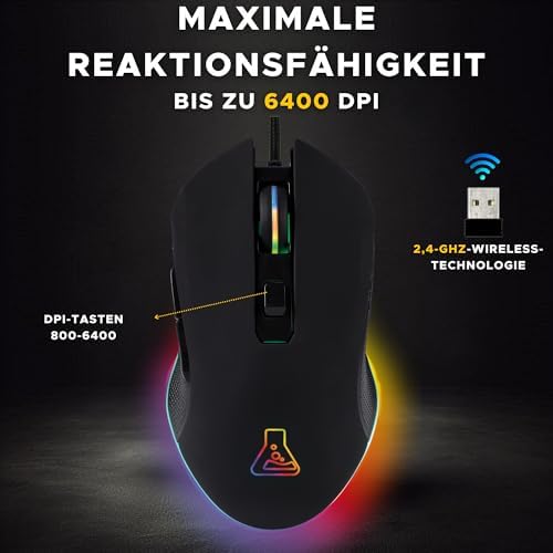 Kult Helium USB-Gamer-Maus mit Kabel - Optischer Sensor mit 800 bis 6400 DPI, 7-farbige LED-Hintergrundbeleuchtung, 6 Tasten - PC Mac Xbox One PS5 (Kabelgebunden)