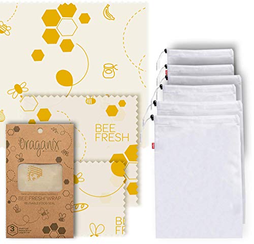 Oraganix Bee Fresh Beeswax Wrap - 3 Assorted Bees Wrap Sizes w/ (6) Mesh Bags, Eco Friendly Reusable Food Wrap, Plastic Free Food Storage
