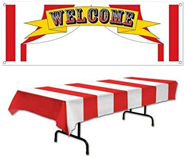 Carnival Theme Party Supplies Red and White Striped Tablecloth and Welcome Sign Banner